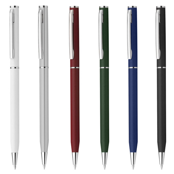 A set of six plastic pens in white, red, green, blue, and black, featuring a polished silver clip and branding.