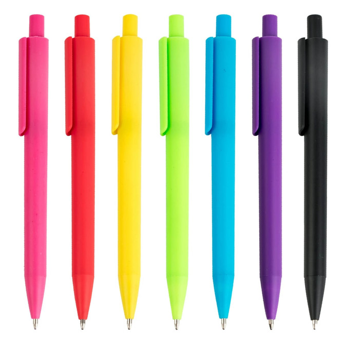 A collection of plastic pens in pink, red, yellow, green, blue, purple, and black, featuring clips and a logo.