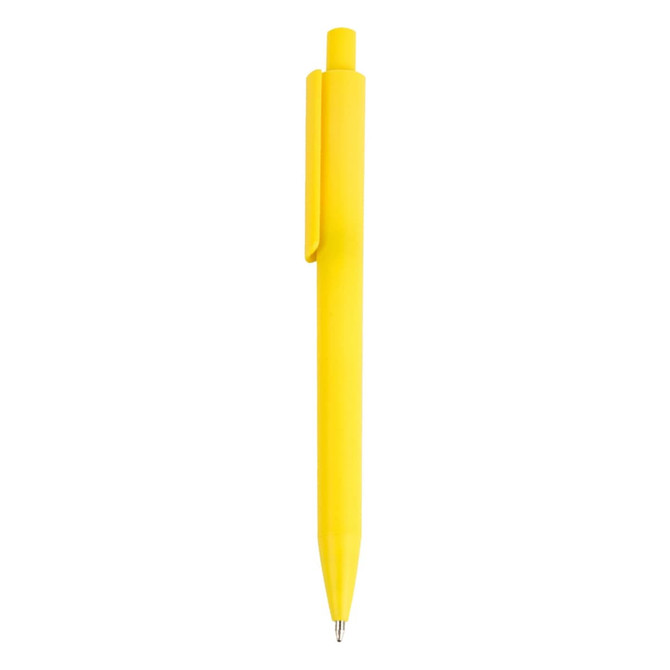 A yellow plastic pen with a clip and a smooth tip, featuring a simplistic design and a branding logo.