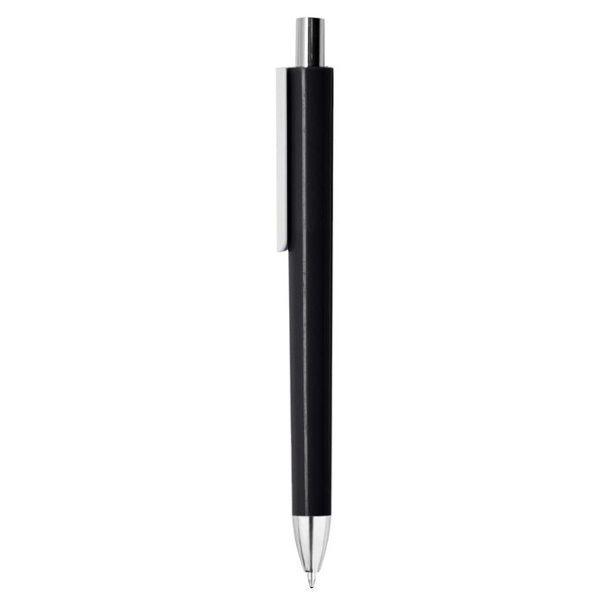 A black plastic pen with a silver clip and metallic tip, featuring a logo on its side.