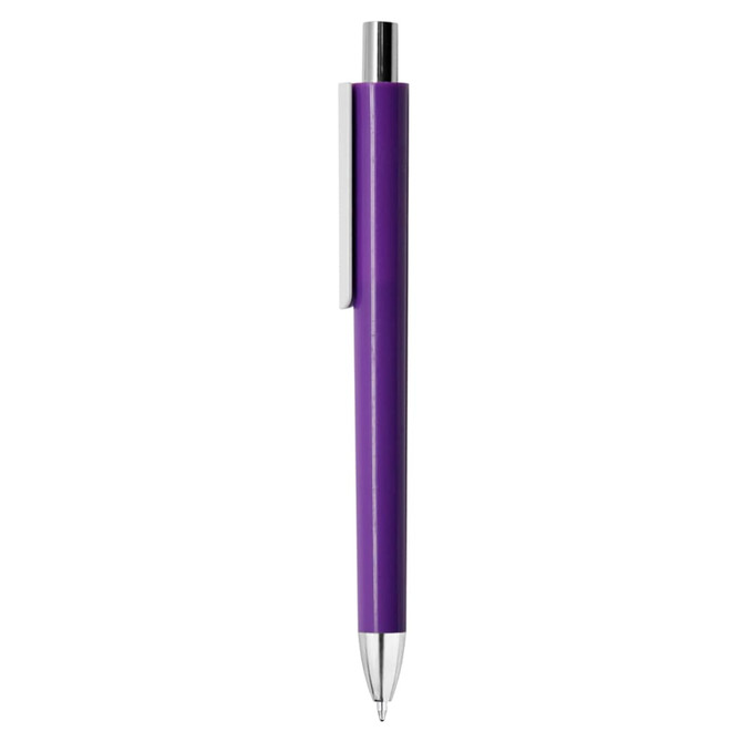 A purple plastic pen with a chrome clip and a metallic accent near the tip, featuring a branding logo.
