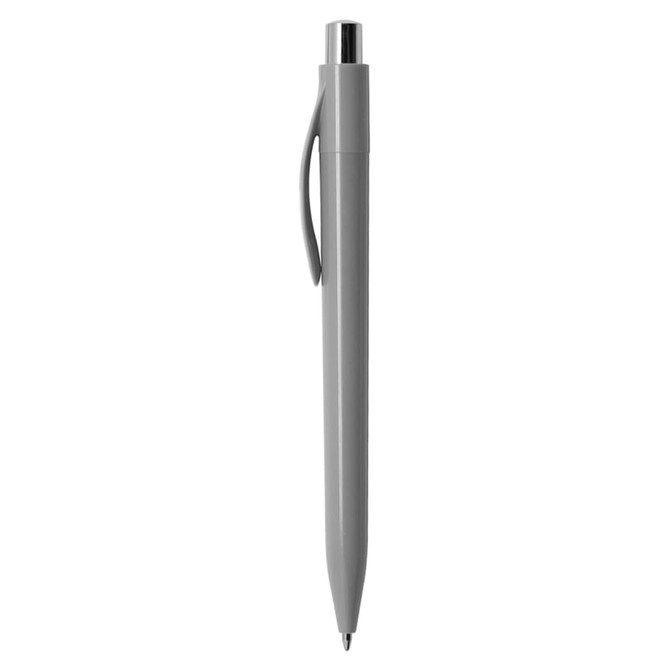A grey plastic pen with a clip and a shiny silver tip, featuring a logo.