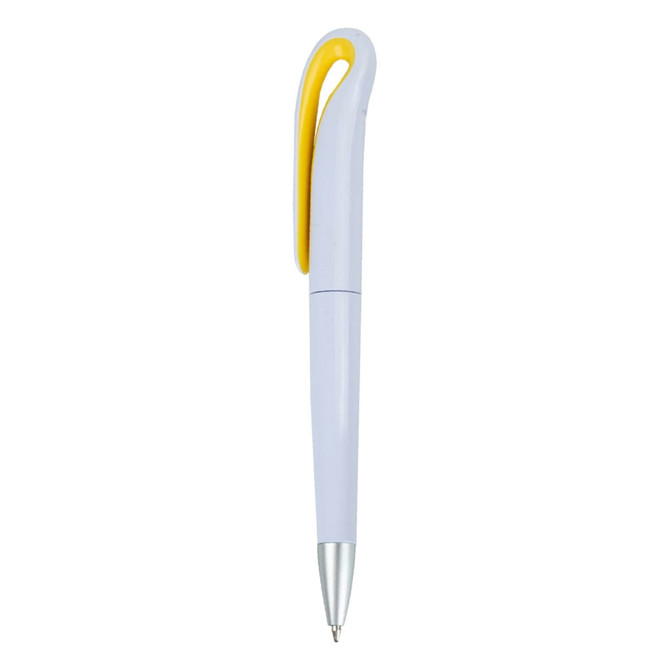 A plastic pen in light purple with a yellow clip and silver tip, featuring a logo.