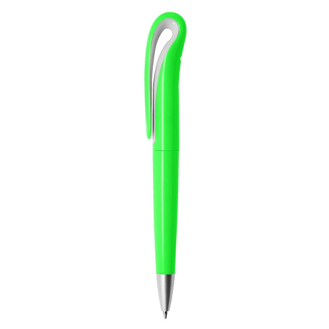 A bright green plastic pen with a curved clip and silver tip, featuring a logo.