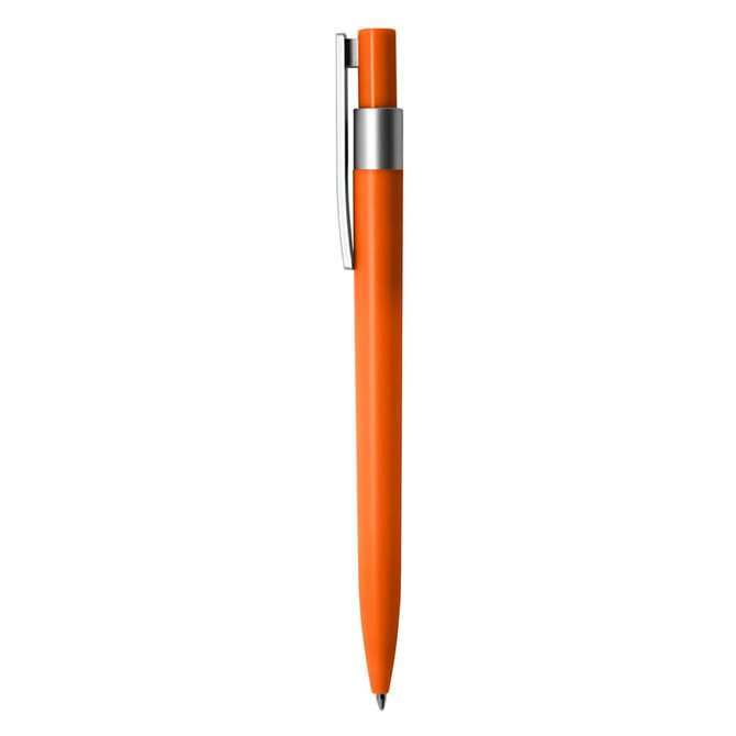 An orange plastic pen with a silver clip, featuring a sleek design and a logo on the barrel.