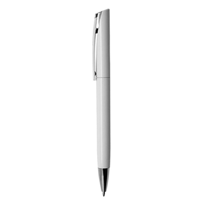 A plastic pen in white with a shiny silver clip, featuring a simple design and smooth finish.