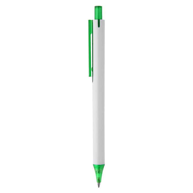 A plastic pen in white with a green clip and tip, featuring a logo on the barrel.