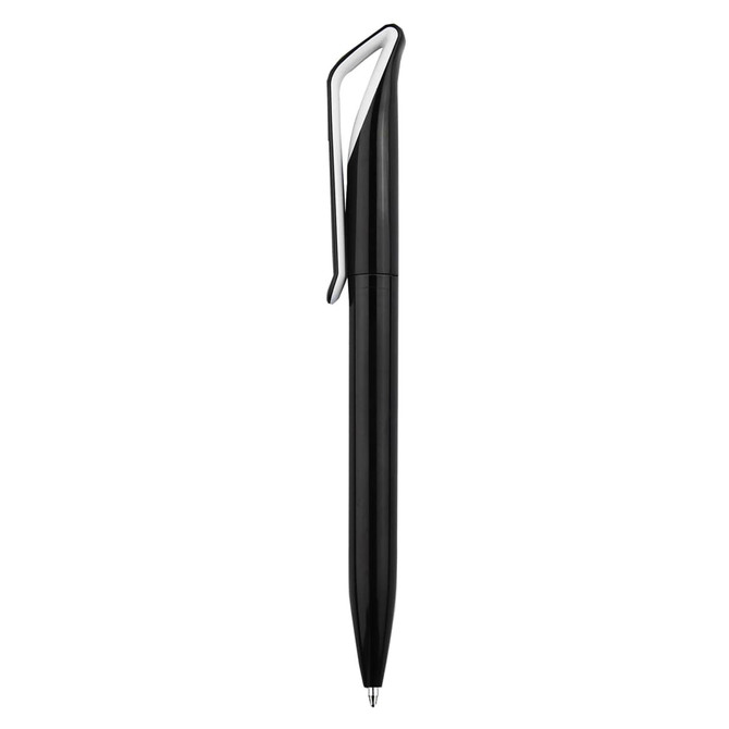 A black plastic pen with a clip and a sleek design, featuring a logo on the barrel.