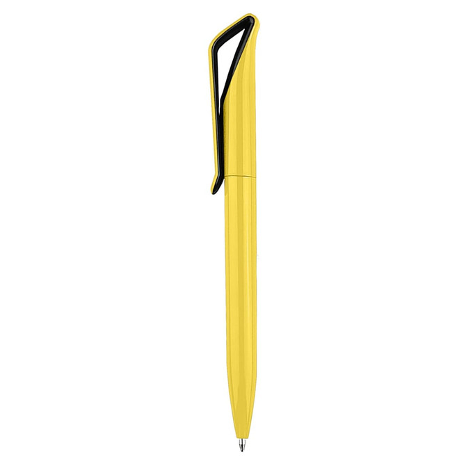 A yellow plastic pen with a sleek design and a black clip, featuring a branding logo.