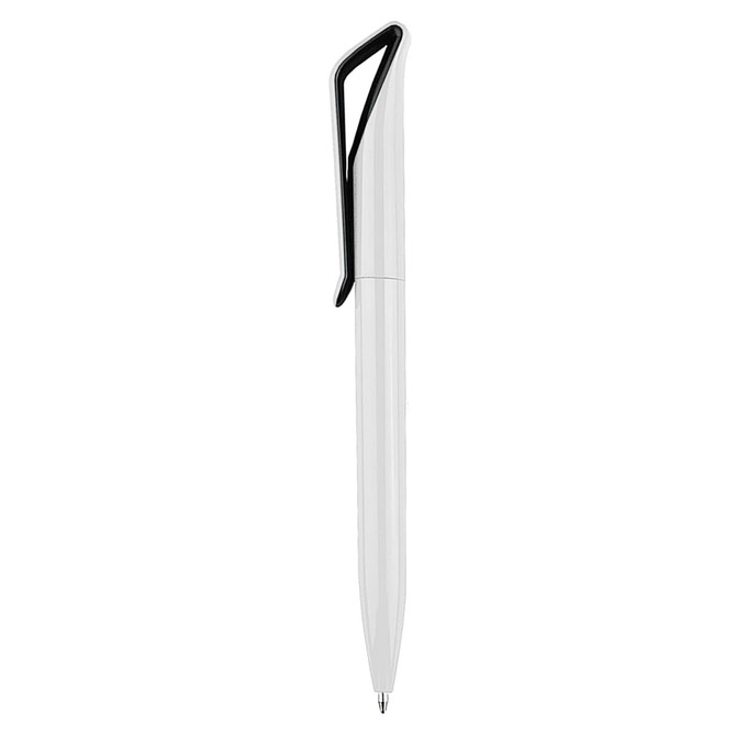 A plastic pen in white with a black clip, featuring a simple, sleek design and a logo.