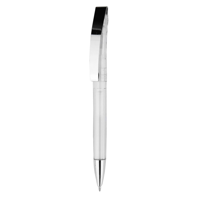 A plastic pen in clear with silver accents and a clip feature. It has a sleek, modern design.