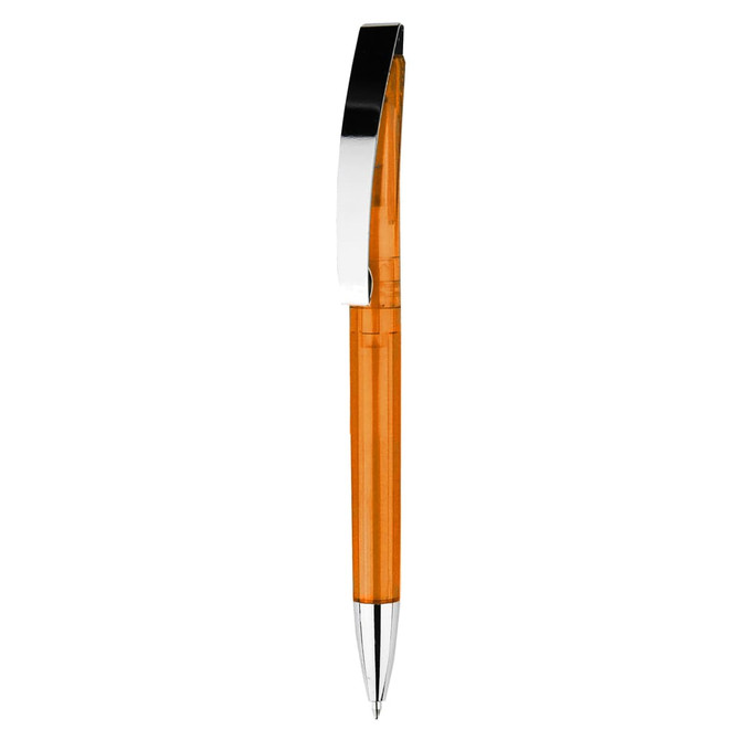 An orange plastic pen with a silver clip and a smooth, sleek design.