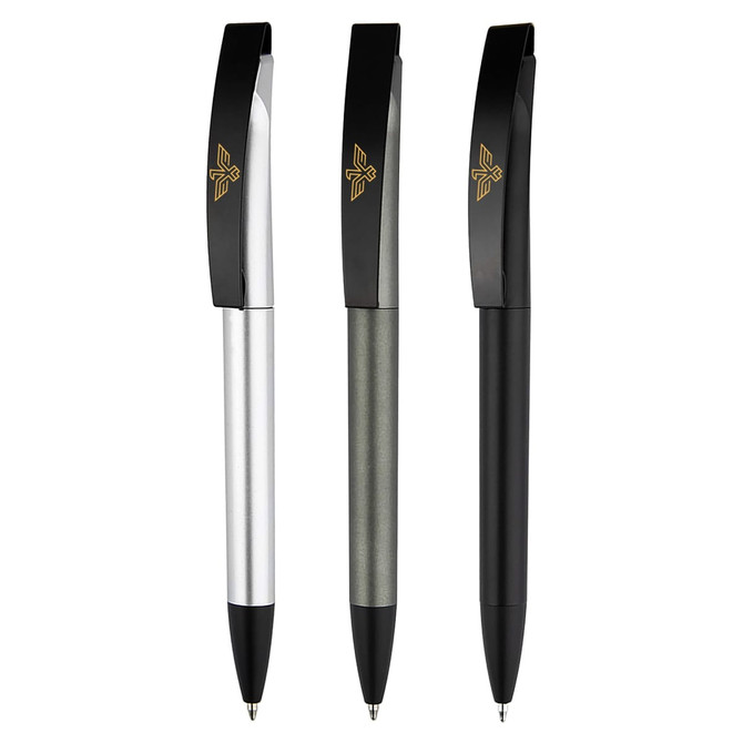 Three plastic pens in silver, grey, and black, featuring a logo on the clip.