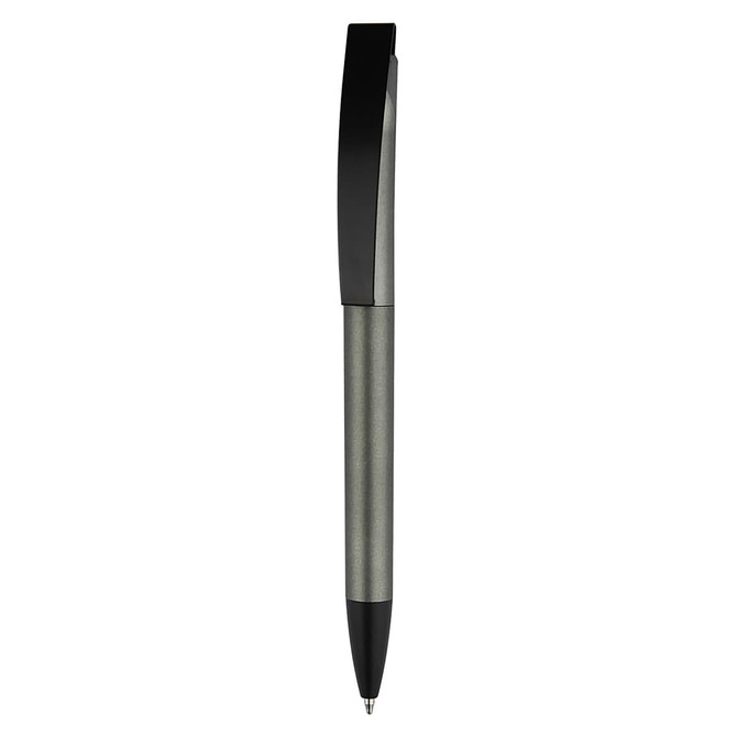 A plastic pen in grey and black with a sleek design and a clip at the top, featuring branding.