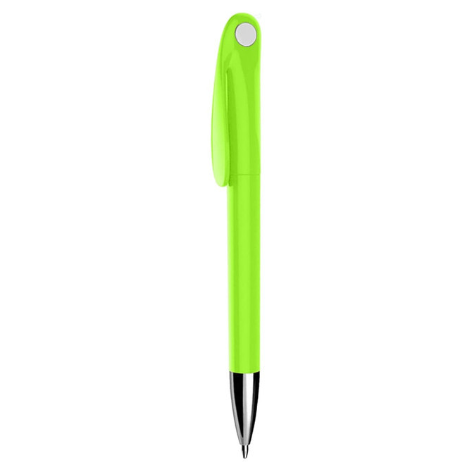 A plastic pen in vibrant lime green with a black tip and a clip. Features a logo on the body.