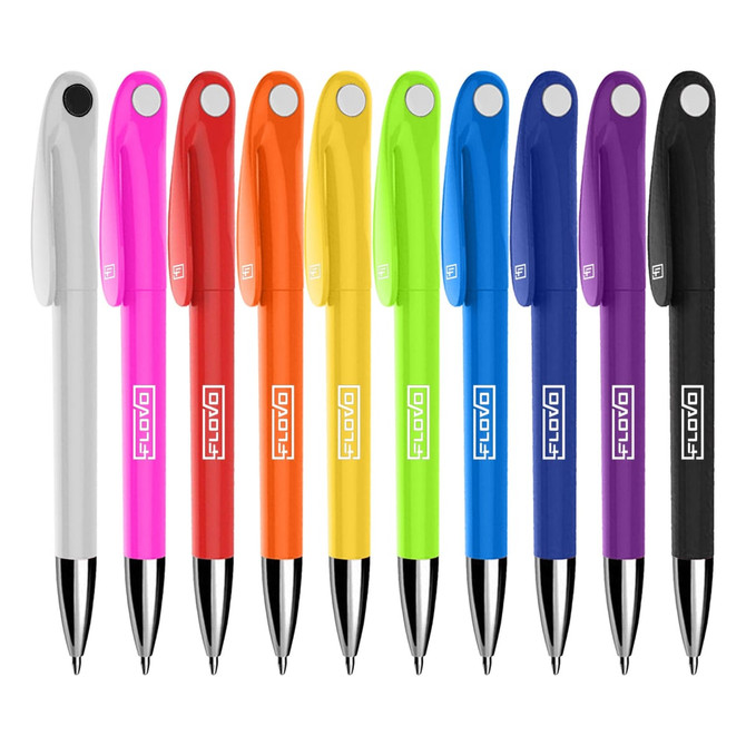 A selection of plastic pens in pink, orange, yellow, green, blue, purple, red, and white, featuring a logo.