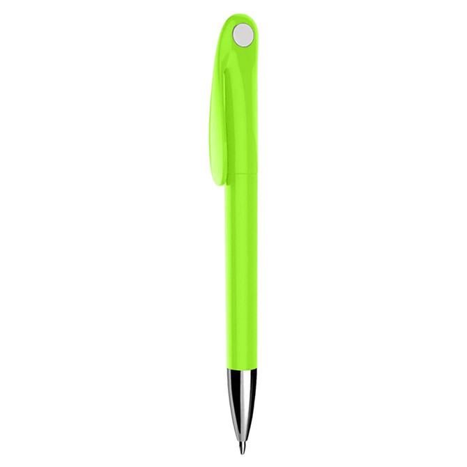A bright green plastic pen with a sleek design and a silver tip, featuring a logo on the body.