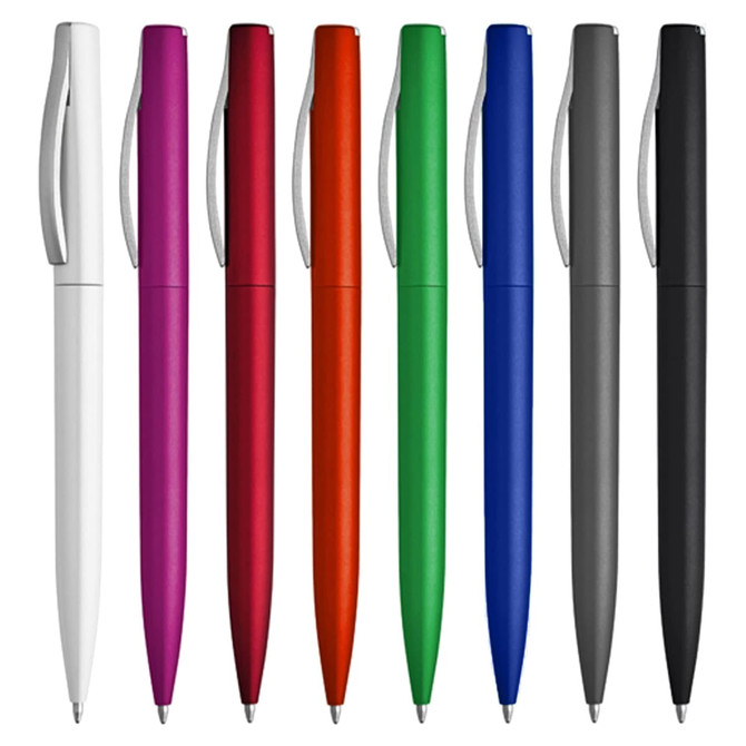 A collection of plastic pens in white, red, purple, orange, green, blue, black, and grey, featuring a silver clip.