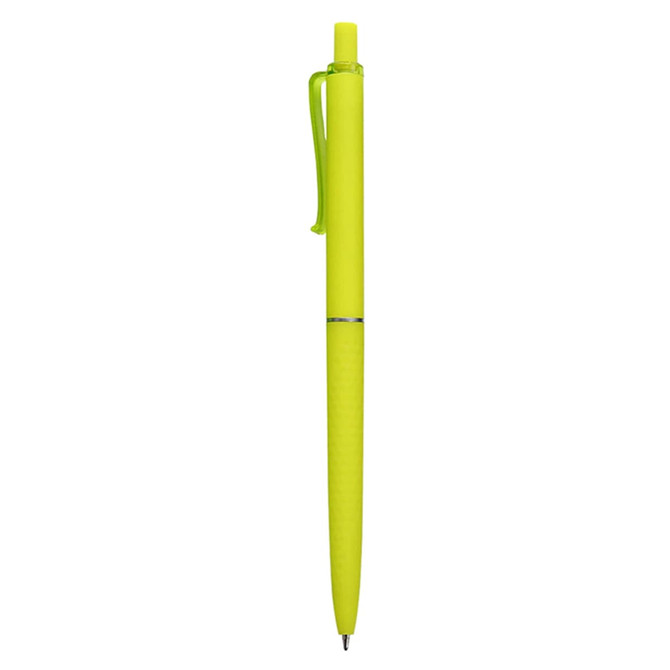 A plastic pen in bright yellow with a grip section and a clip for easy handling. It features a logo on the barrel.