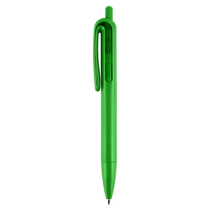 A green plastic pen with a clip and a transparent section, featuring a simple design and a brand logo.