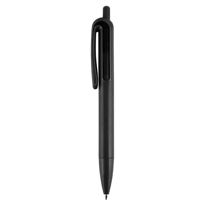 A black plastic pen with a clip and a sleek design. It features a logo on the body.