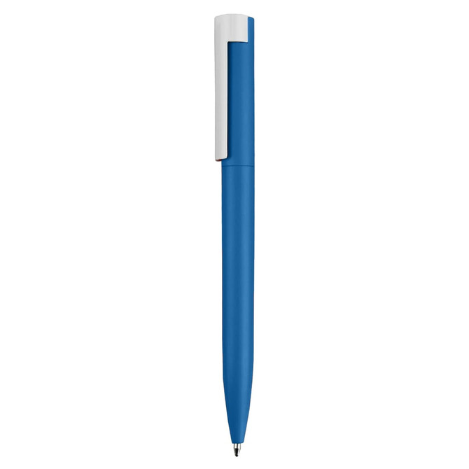 A blue metal pen with a white clip and a sleek design. It features a logo on the barrel.