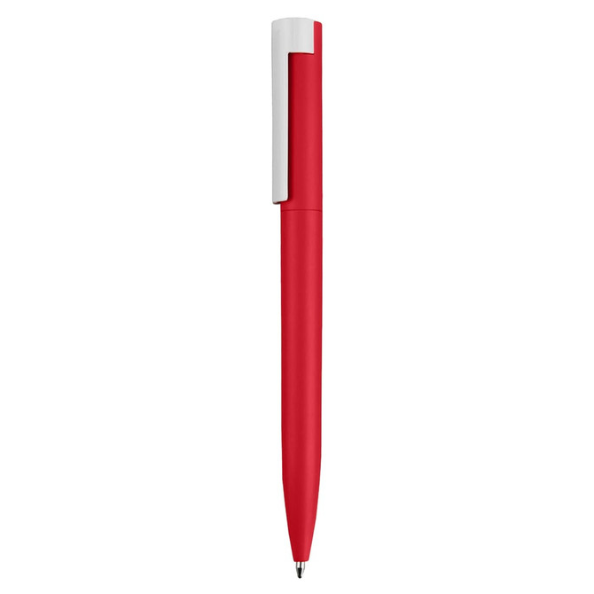 A red metal pen with a white clip and a smooth finish, featuring branding on the body.