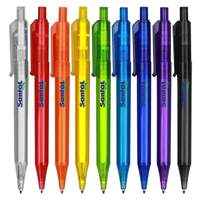 A collection of plastic pens in various colours: clear, orange, yellow, green, blue, purple, and black, with a logo.