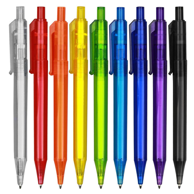 A collection of plastic pens in clear, red, orange, yellow, green, blue, and purple colours, featuring clips and a logo.