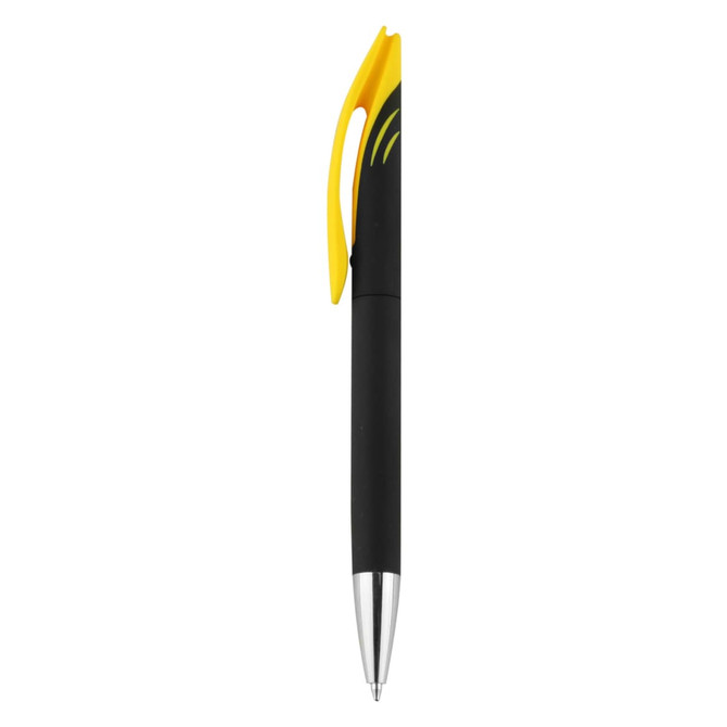 A plastic pen in black with a yellow accent and a silver tip, featuring a clip and branding.