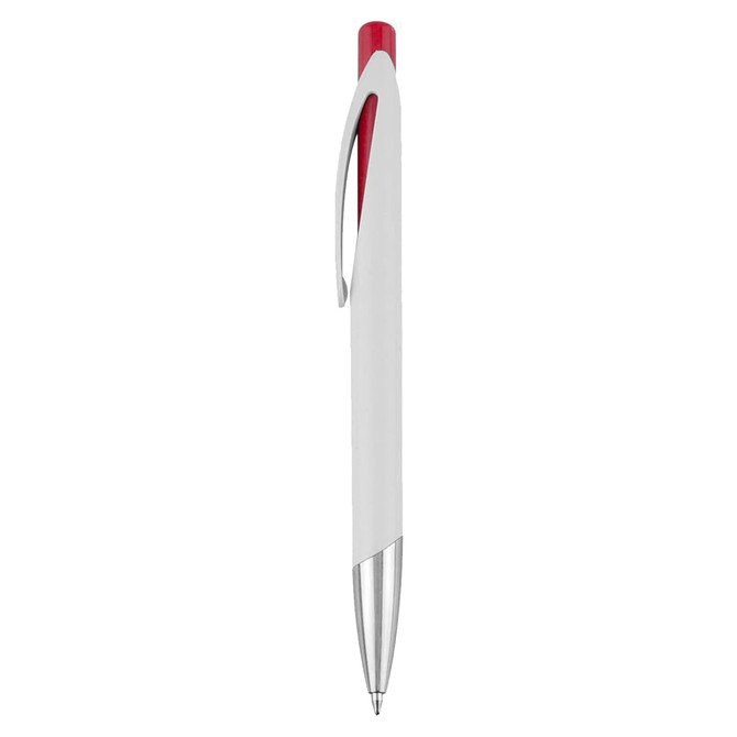 A plastic pen in white with a red top and silver accents. It features a branding logo.