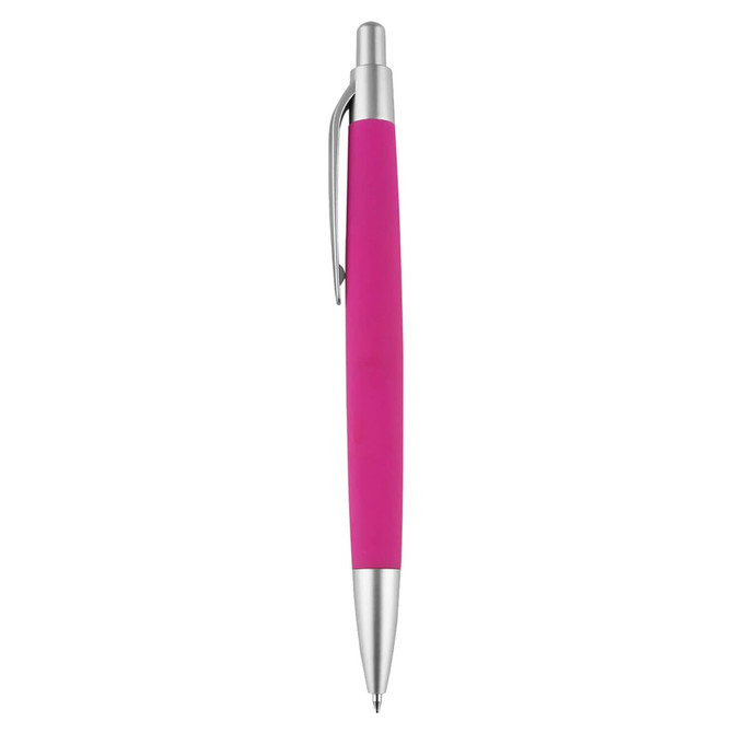 A pink pen with a silver clip and tip, featuring a smooth grip for comfortable writing.