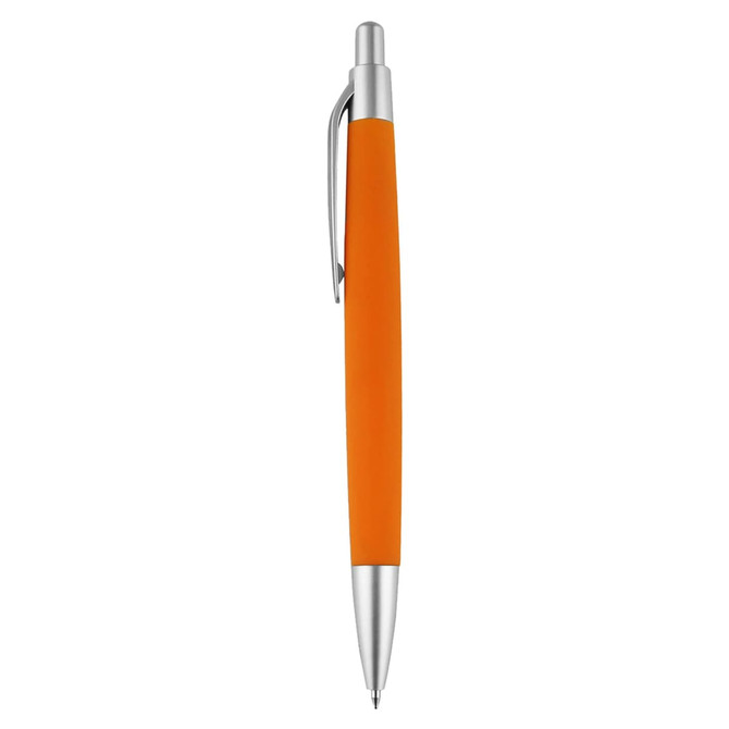 An orange pen with a silver clip and tip, featuring a sleek, modern design.