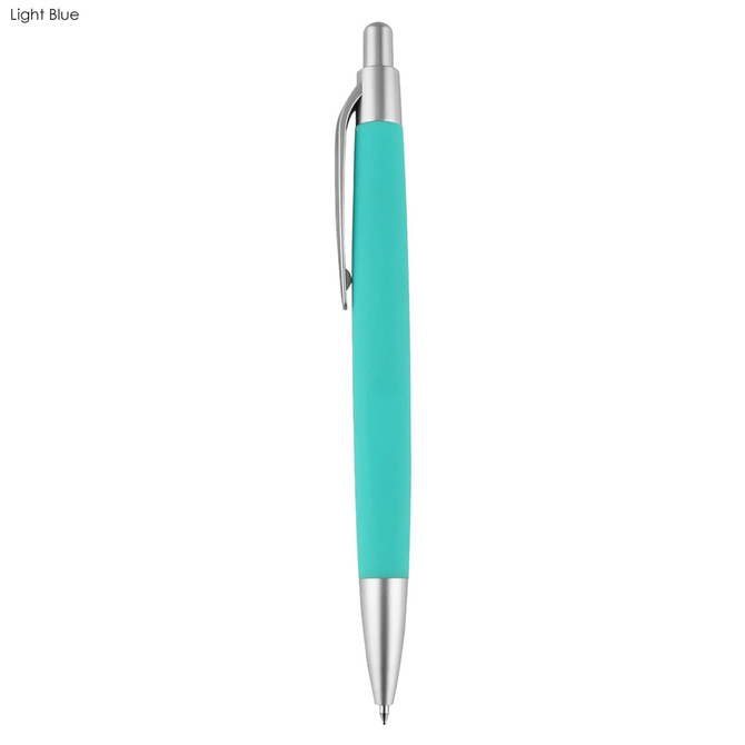 A light blue pen with a smooth grip and a silver clip, featuring a branding logo.