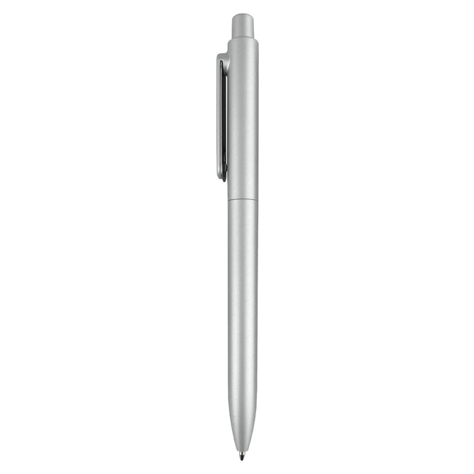 A silver plastic pen with a sleek design and a clip for easy attachment, featuring a branded logo.