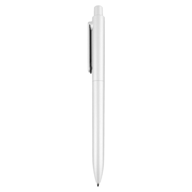 A white plastic pen with a click mechanism and a silver clip, featuring a logo.