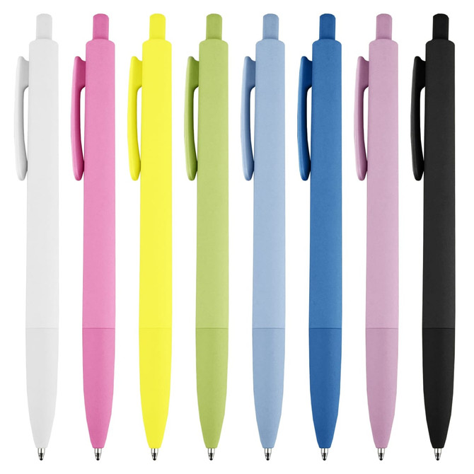 A collection of plastic pens in white, pink, yellow, green, light blue, dark blue, lavender, and black, featuring logos.