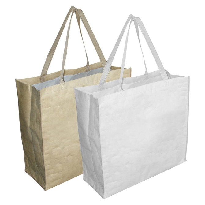 Two extra-large paper bags, one in beige and one in white, featuring gussets and dual handles. Both have logos.