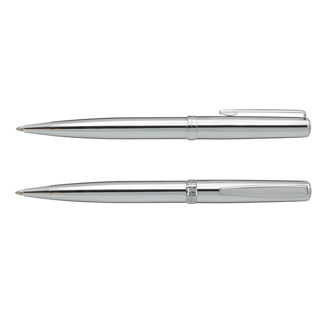 A set of two silver metal pens with smooth finishes and clips, featuring branding on the barrel.