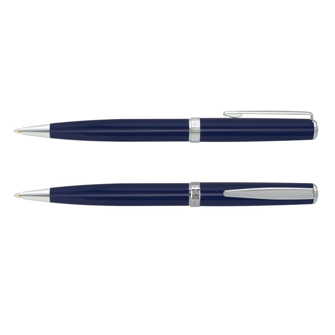 A metal pen set featuring the Pierre Cardin Calais model, displayed in a sleek navy blue color with silver accents.