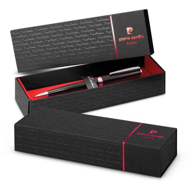 A sleek black metal pen with a silver clip, presented in a stylish black box featuring a logo.
