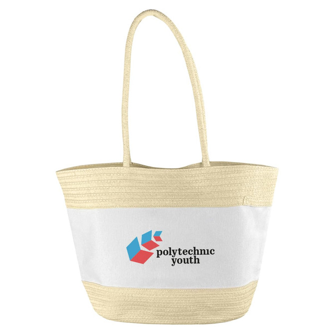 A patterned paper tote bag in cream and beige with a logo printed on the front. It features two sturdy handles.