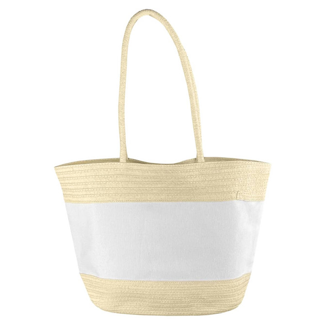 A patterned paper tote bag in cream and white, featuring woven handles and a logo. Ideal for stylish carrying.