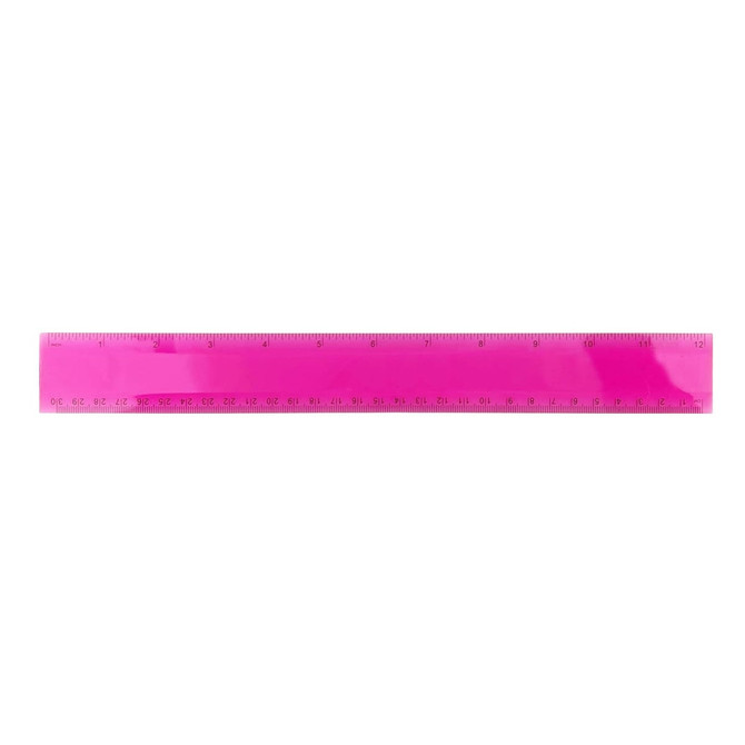 A plastic ruler in bright pink, measuring 30cm, with clear metric markings and a logo.