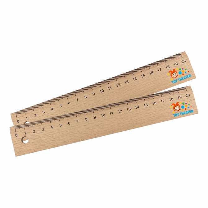 A wooden 20cm ruler with measurements, featuring a colourful logo on one end.