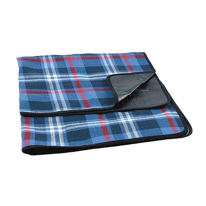 A blue and red plaid picnic blanket folded with a black edging and a corner flap. It features a logo.