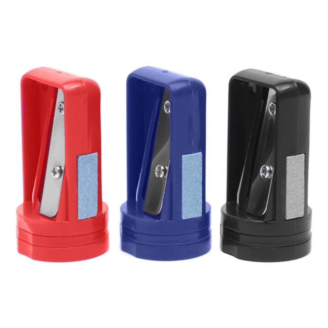 A set of three pencil sharpeners in red, blue, and black, featuring a metallic blade and a small grip area.