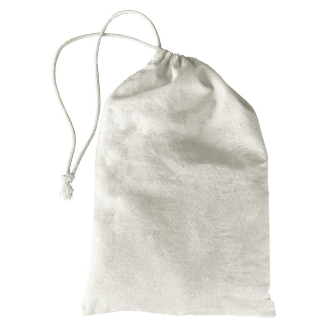 A lightweight, neutral-coloured drawstring bag made of fabric with a simple design and a cord closure.