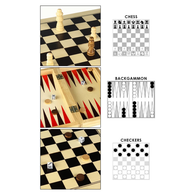 A wooden play case featuring a black and white checked design for chess, checkers, and backgammon, with game pieces included.