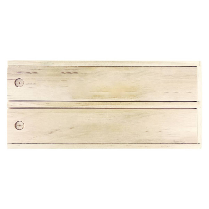 A wooden play set featuring two connected sections with smooth finishes and natural colour tones. It has a logo displayed.
